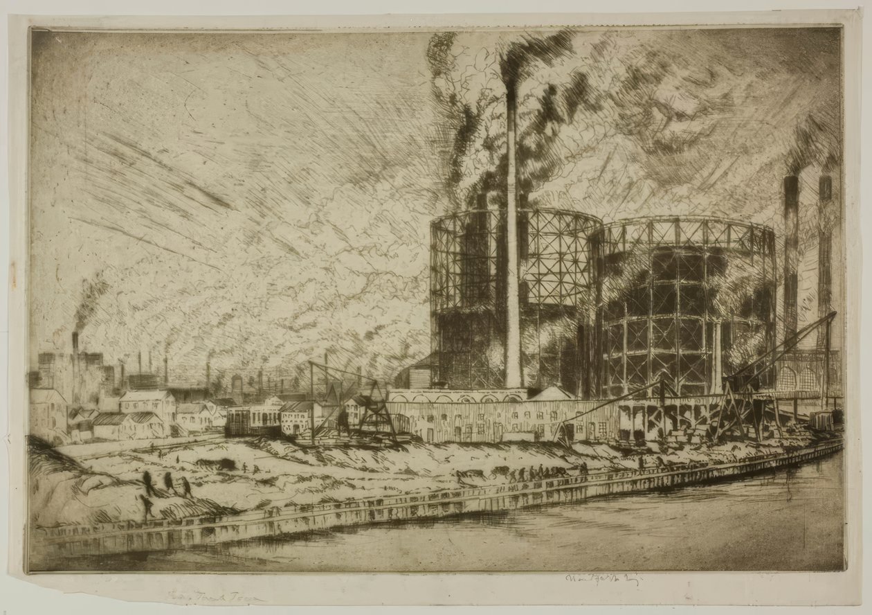 Chicago - Gas Tank Town, 29. Straße und Fluss von Bror Julius Olsson Nordfeldt