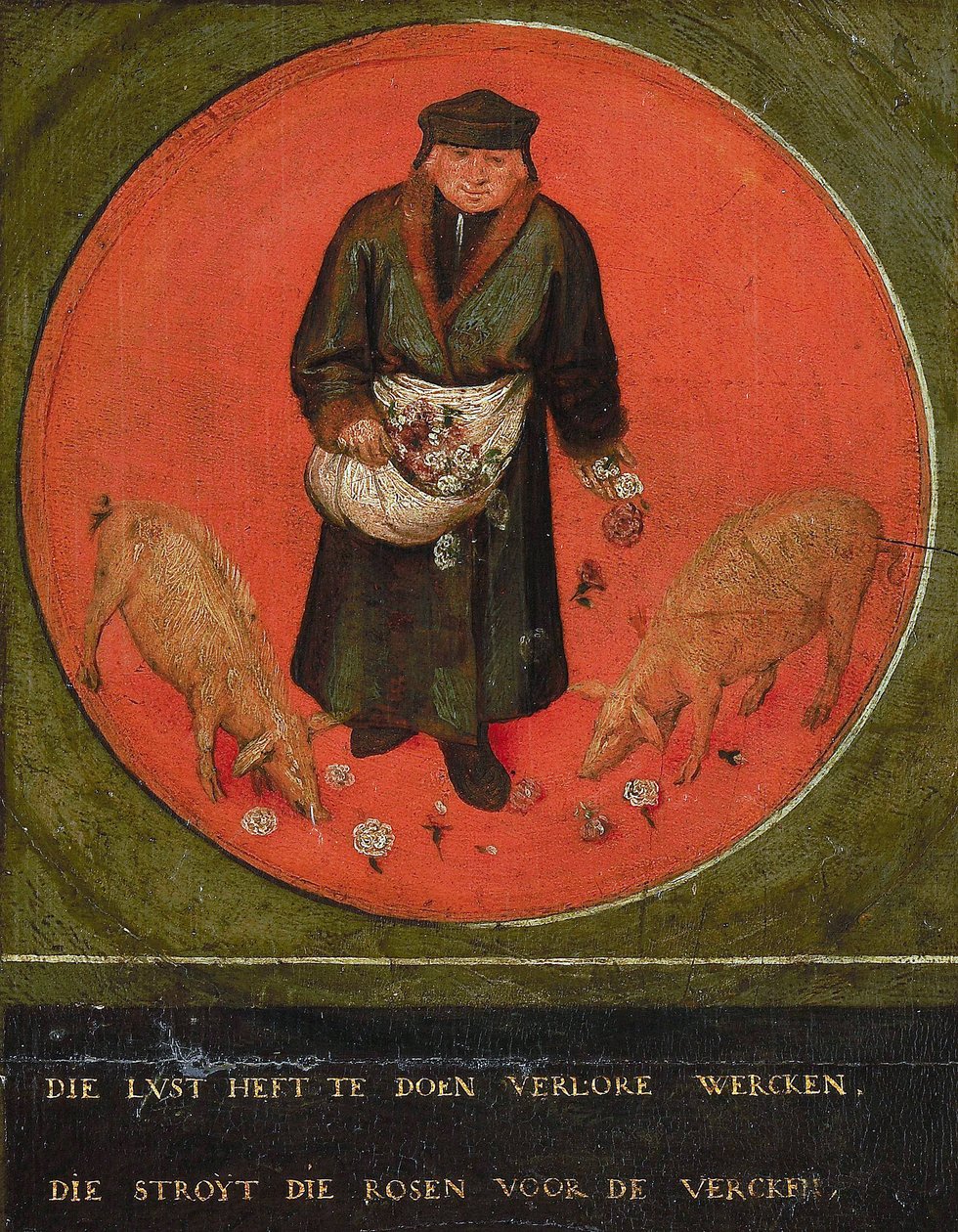 Wer seine Mühe verschwenden will, wirft Rosen vor die Schweine, 1558 von Bruegel