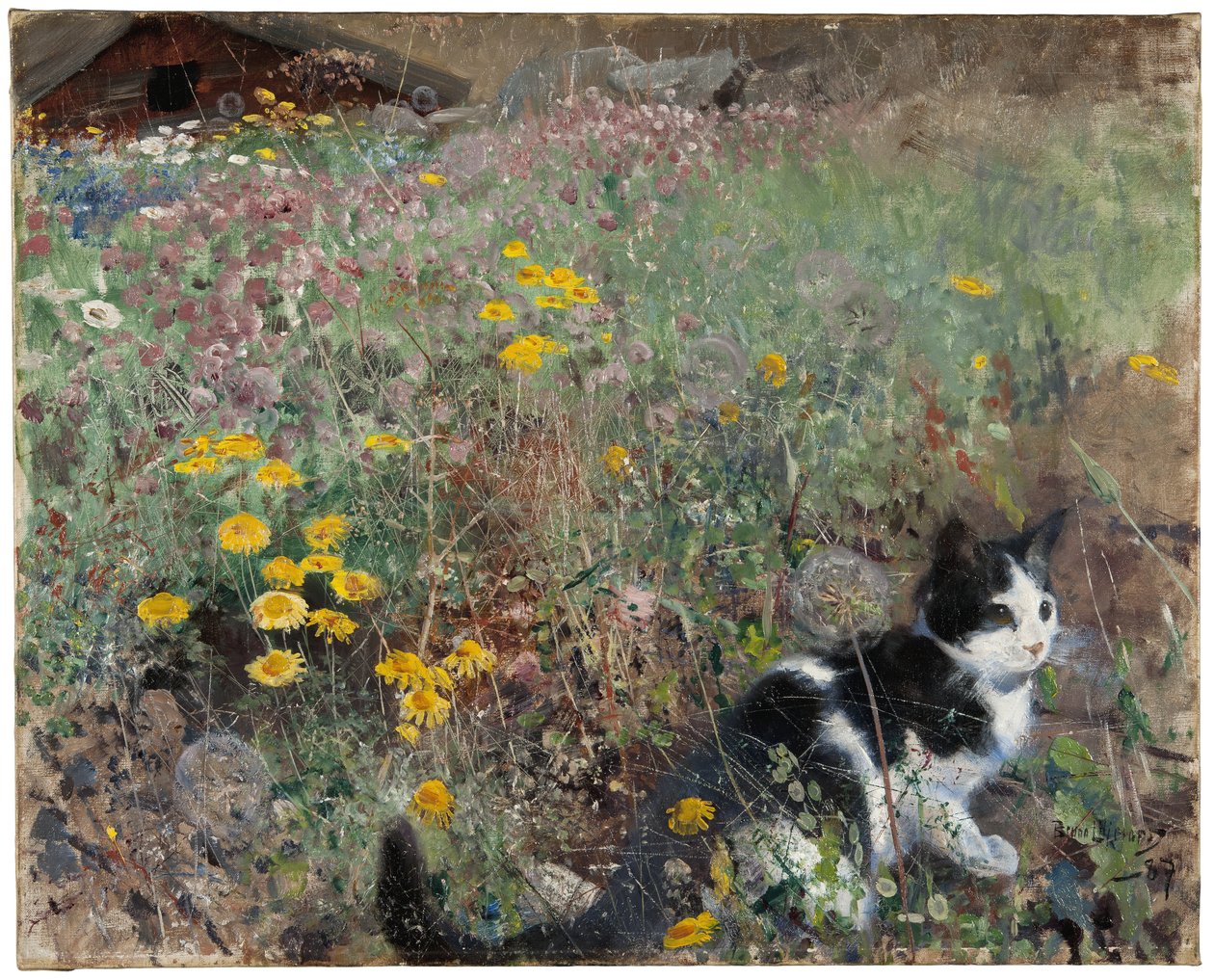 Katze auf einer blumigen Wiese von Bruno Andreas Liljefors