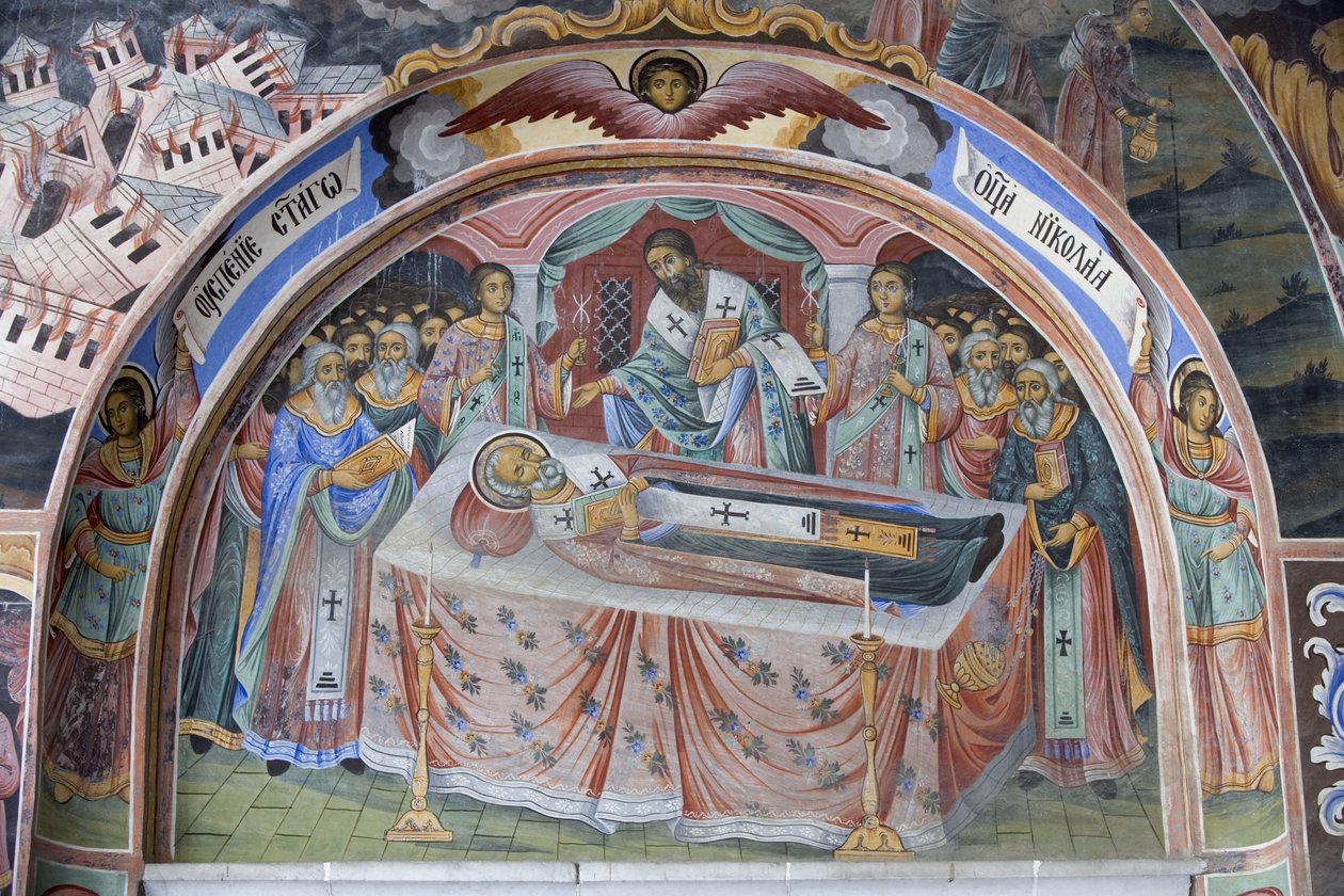 Bulgarien, Rila-Gebirge, Rila-Kloster, Freskodetail in der Kirche der Geburt der Jungfrau von Bulgarian School