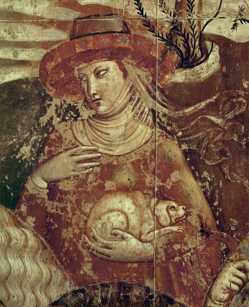 Eine elegante Dame hält einen kleinen Hund in ihren Armen von Buonamico Buffalmacco