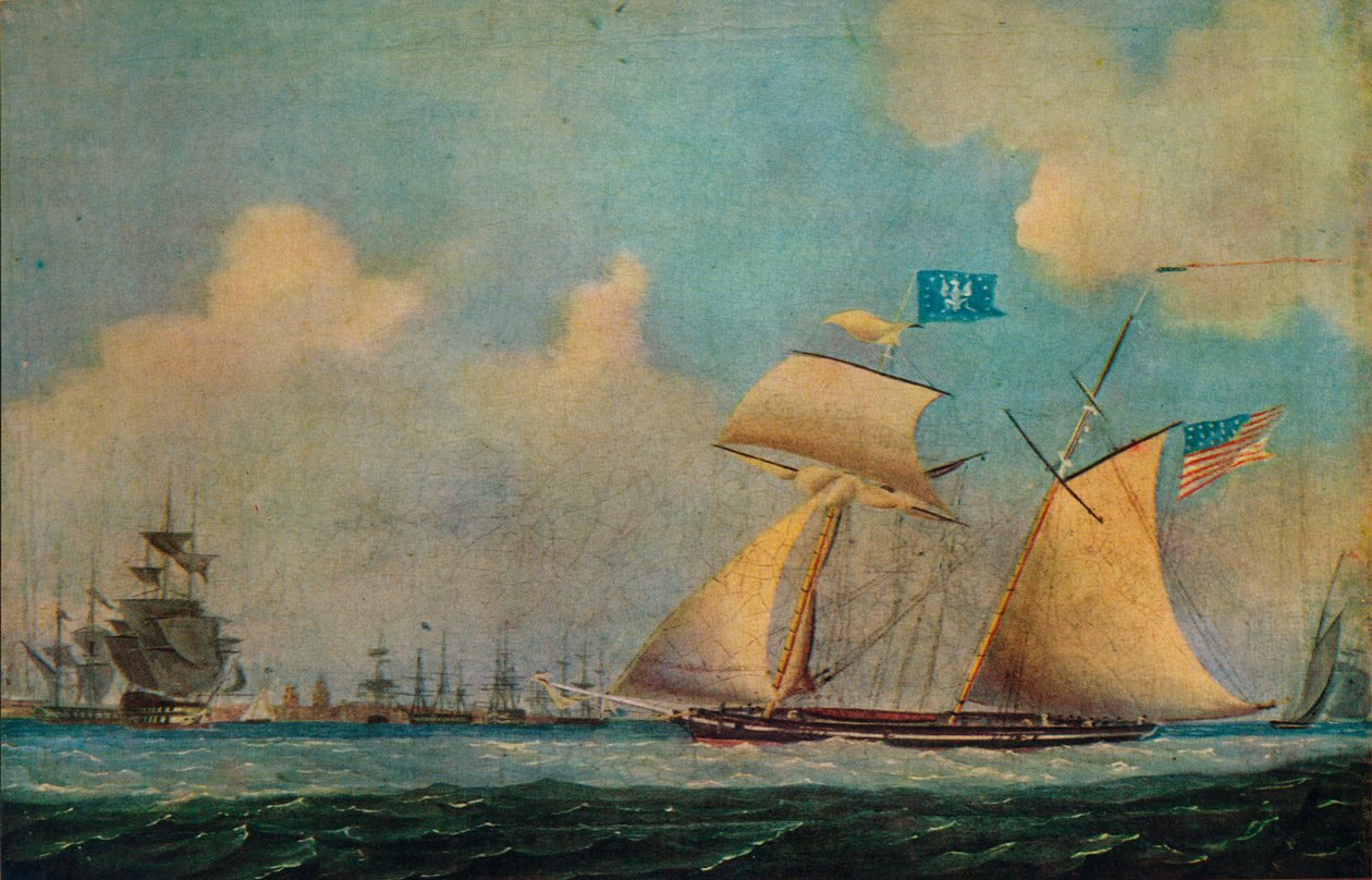 Ein amerikanischer Freibeuter-Schoner und andere Schiffe in der Nähe eines Hafens, ca. 1815 von Burton