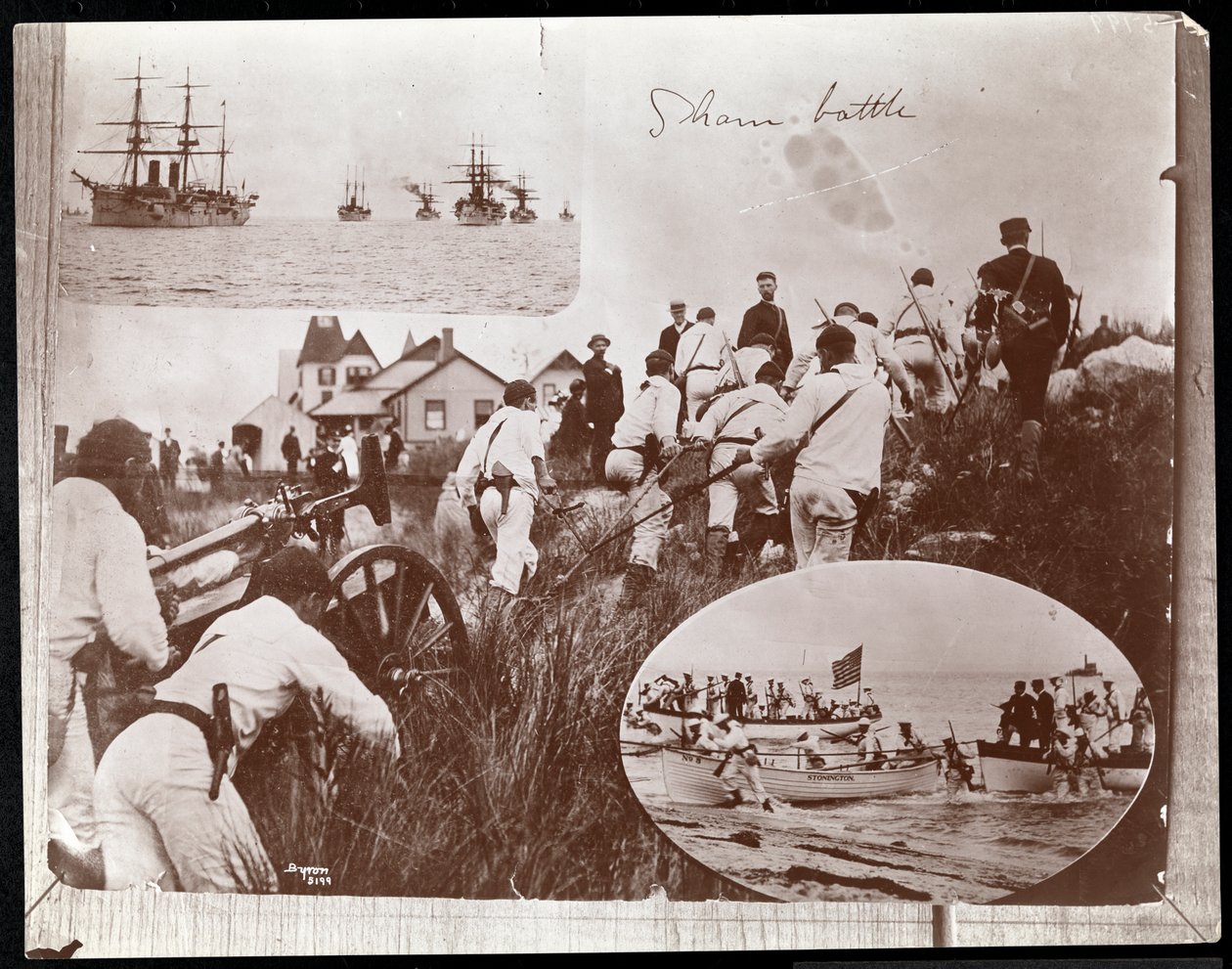 Kopie eines früheren Fotomontage von drei Bildern der Marine-Reserven auf Fishers Island, 1891 von Byron Company