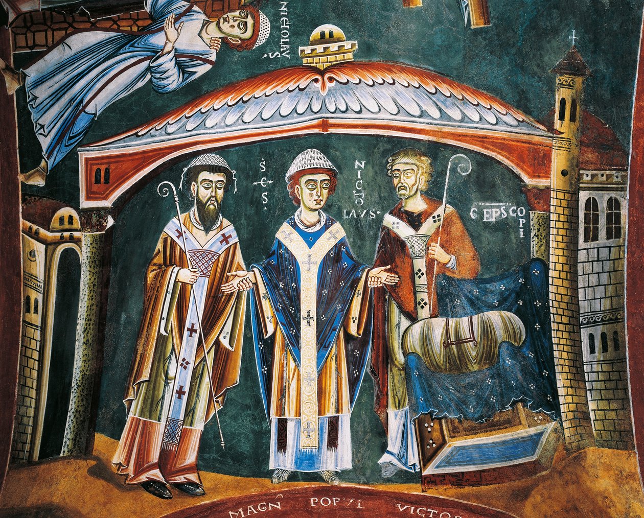 Der heilige Nikolaus wird zum Bischof von Myra geweiht, Detail aus den Geschichten des heiligen Nikolaus, romanisches Fresko, byzantinischer Stil, spätes 11. Jahrhundert, Kapelle des Heiligen Eldrad und des Heiligen Nikolaus, Abtei von Novalesa, Piemont, I von Byzantine