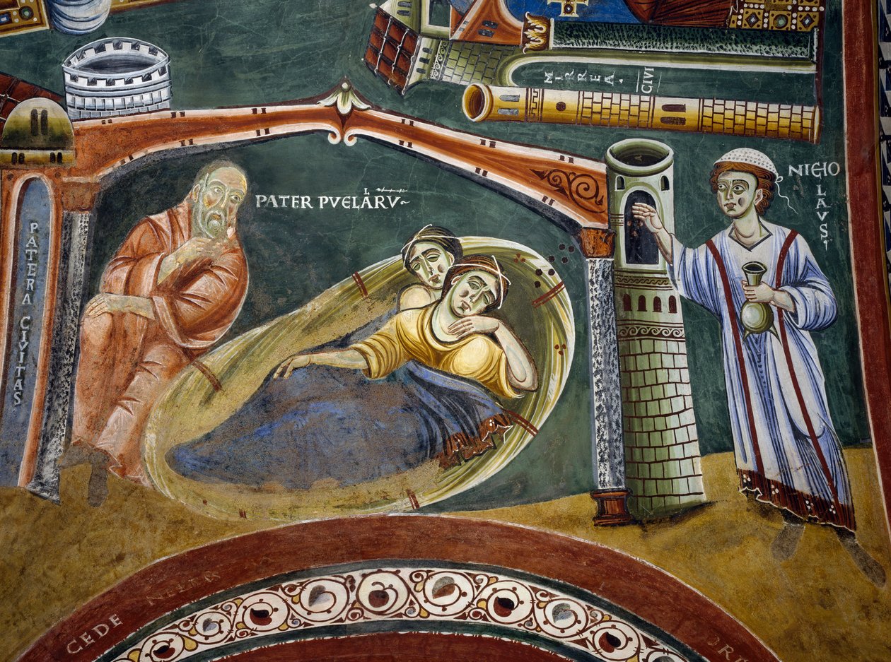 Heiliger Nikolaus rettet reichen Kaufmann, der in Armut gefallen ist, und bezahlt die Mitgift seiner Töchter, Detail aus den Geschichten des Heiligen Nikolaus, Romanisches Fresko, Byzantinischer Stil, spätes 11. Jahrhundert, Kapelle des Heiligen Eldrad und von Byzantine