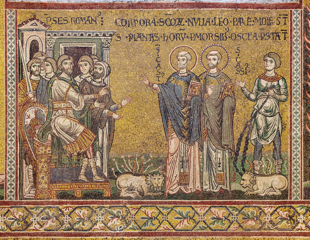 Hl. Cassius und hl. Casto vor dem Kaiser, byzantinisches Mosaik, XII-XIII Jahrhundert, an der Gegenfassade von Byzantine