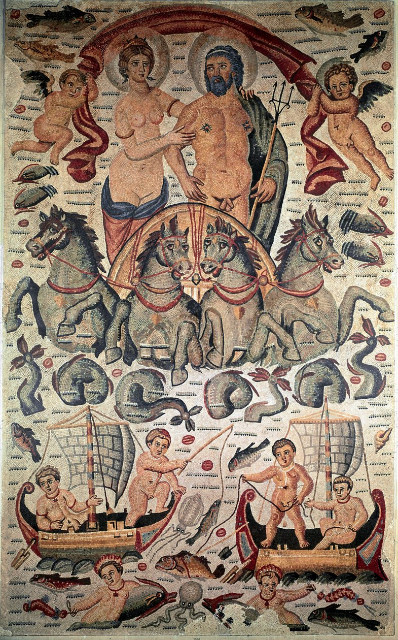 Byzantinische Kunst: Triumph von Neptun und Amphitrite. Neptun und Amphitrite nackt auf einem Wagen, gezogen von vier Seepferdchen. Mosaik des 3. Jahrhunderts. Louvre Museum, Paris von Byzantine Byzantine