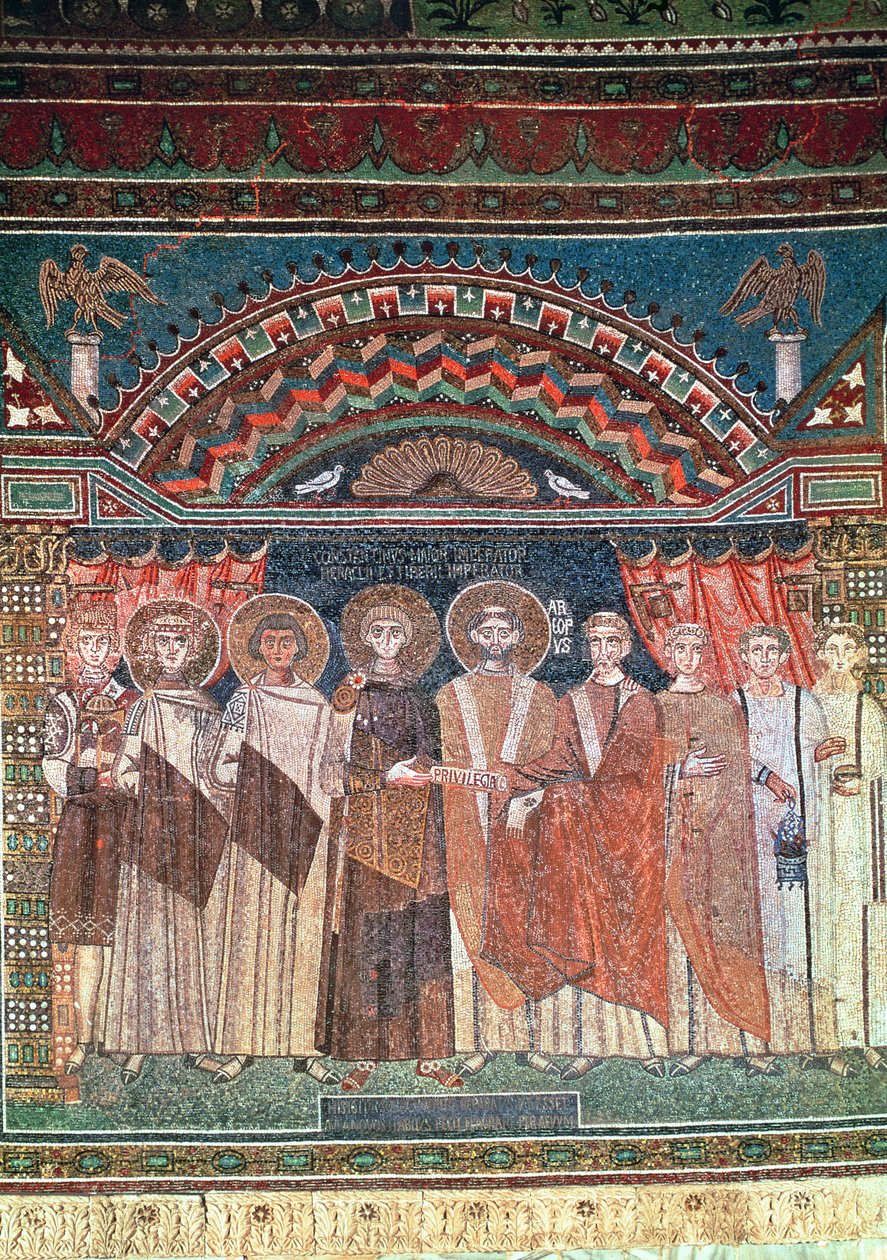 Konstantin IV. gewährt Bischof Reparatus Privilegien für die Kirche von Ravenna, 671-77 (Mosaik) von Byzantine School