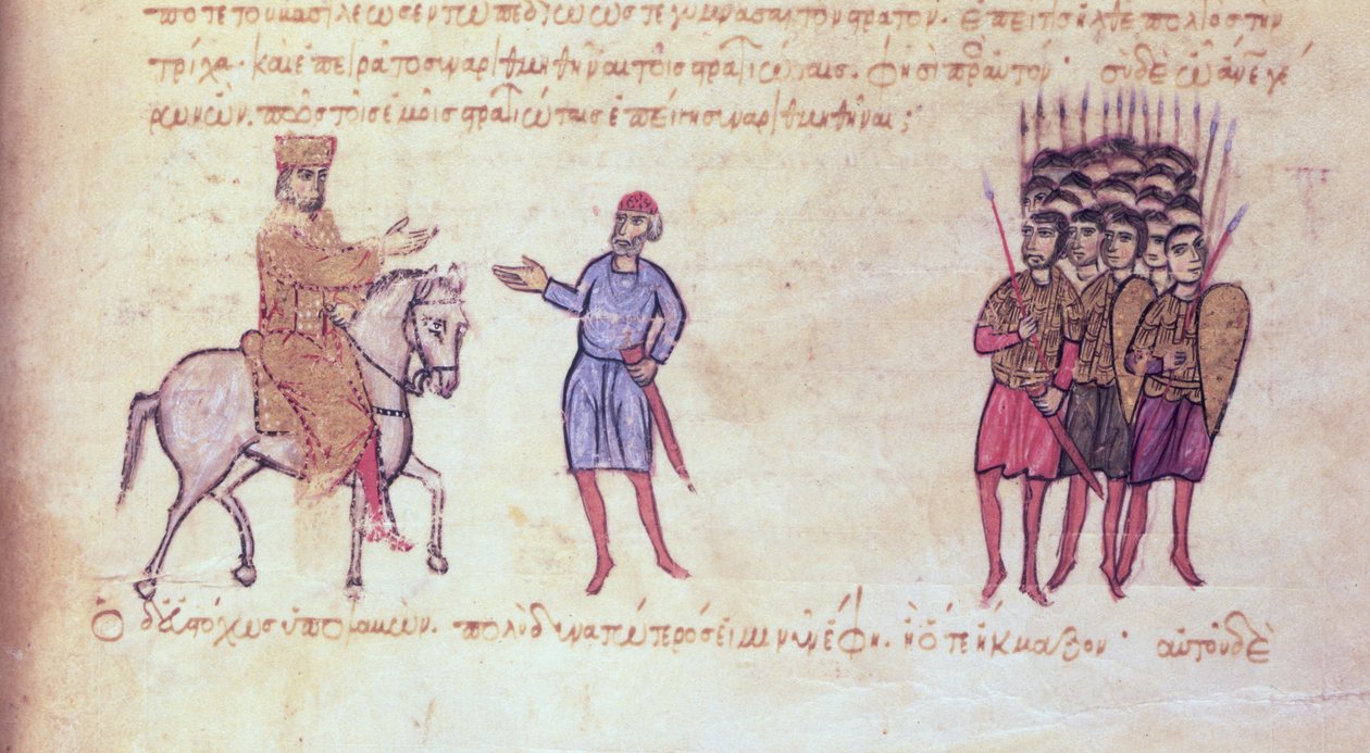 MMS Vitr 26-7 Die byzantinische Armee vertreibt die Bulgaren des Zaren Krum, aus dem Madrid Skylitzes von Byzantine School