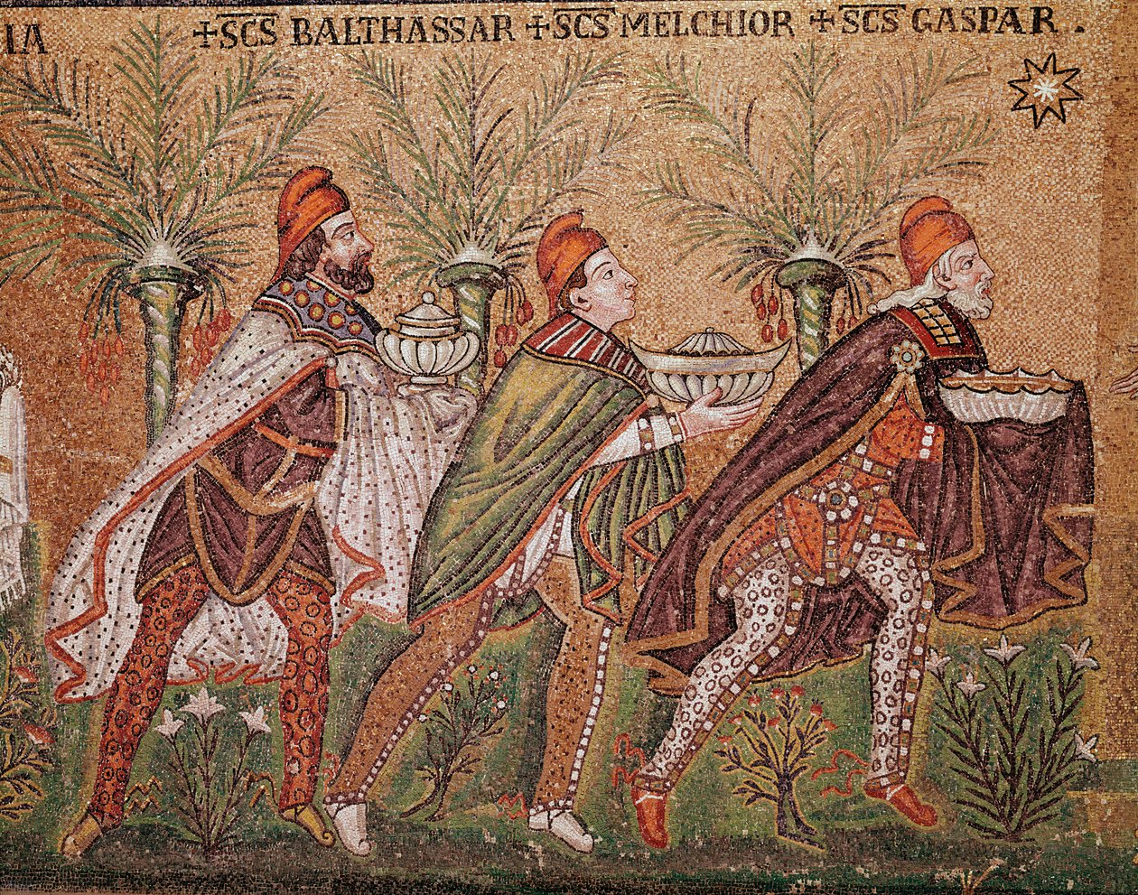 Die Anbetung der Heiligen Drei Könige (Detail der Mosaiken, 6. Jahrhundert) von Byzantine School