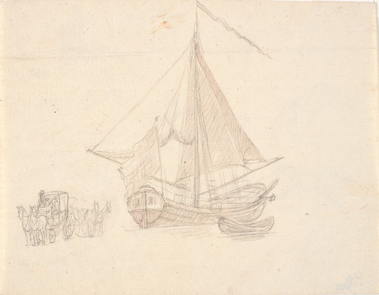 Ein Schiff mit Segel und Wimpel und ein Boot. Links zwei Pferdewagen von C.A. Lorentzen