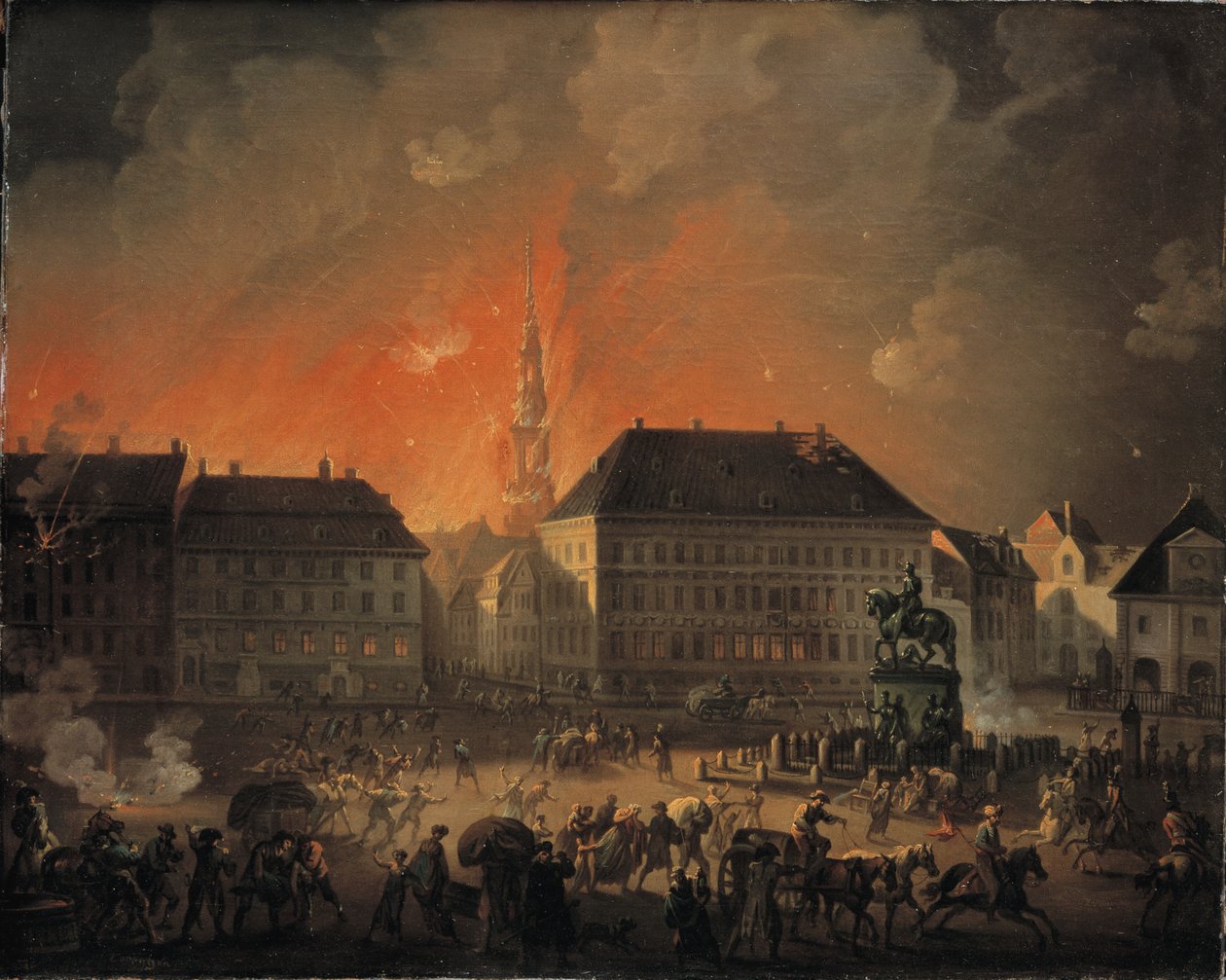 Die schrecklichste Nacht. Ansicht von Kongens Nytorv in Kopenhagen während der englischen Bombardierung von Kopenhagen in der Nacht vom 4. auf den 5. September 1807 von C.A. Lorentzen