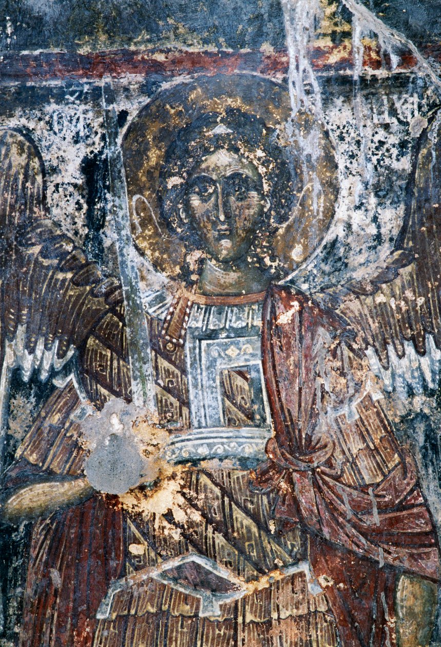 Pferd, beschädigtes Fresko an der Decke der Kirche Agios Vasileios, Vavouledo, Kreta, Griechenland (Foto) von J.B. and Brown J. Rowbotham