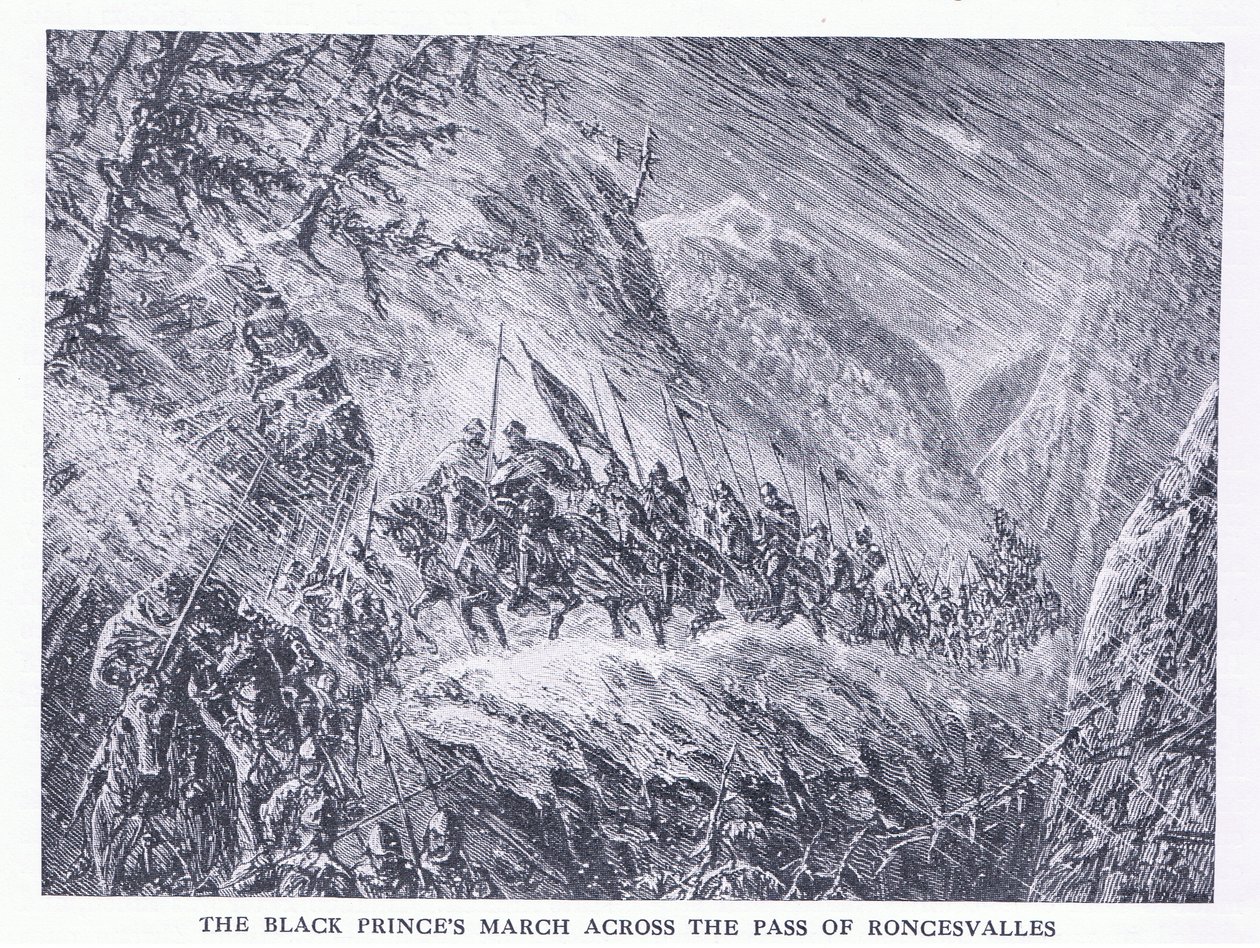 Der Marsch des Schwarzen Prinzen über den Pass von Roncesvalles, aus Cassells Geschichte des britischen Volkes veröffentlicht von der Waverley Book Company Limited, ca. 1940 von C.O. Murray