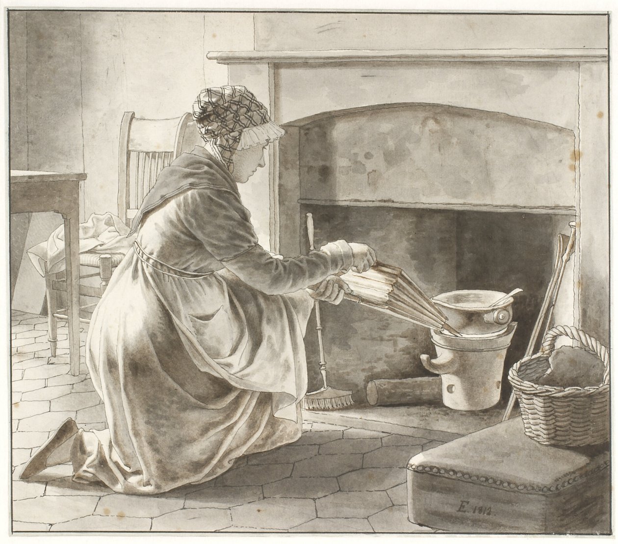 Essen wird zubereitet. Eckersbergs Gastgeberin in Paris (?) von Christoffer Wilhelm Eckersberg