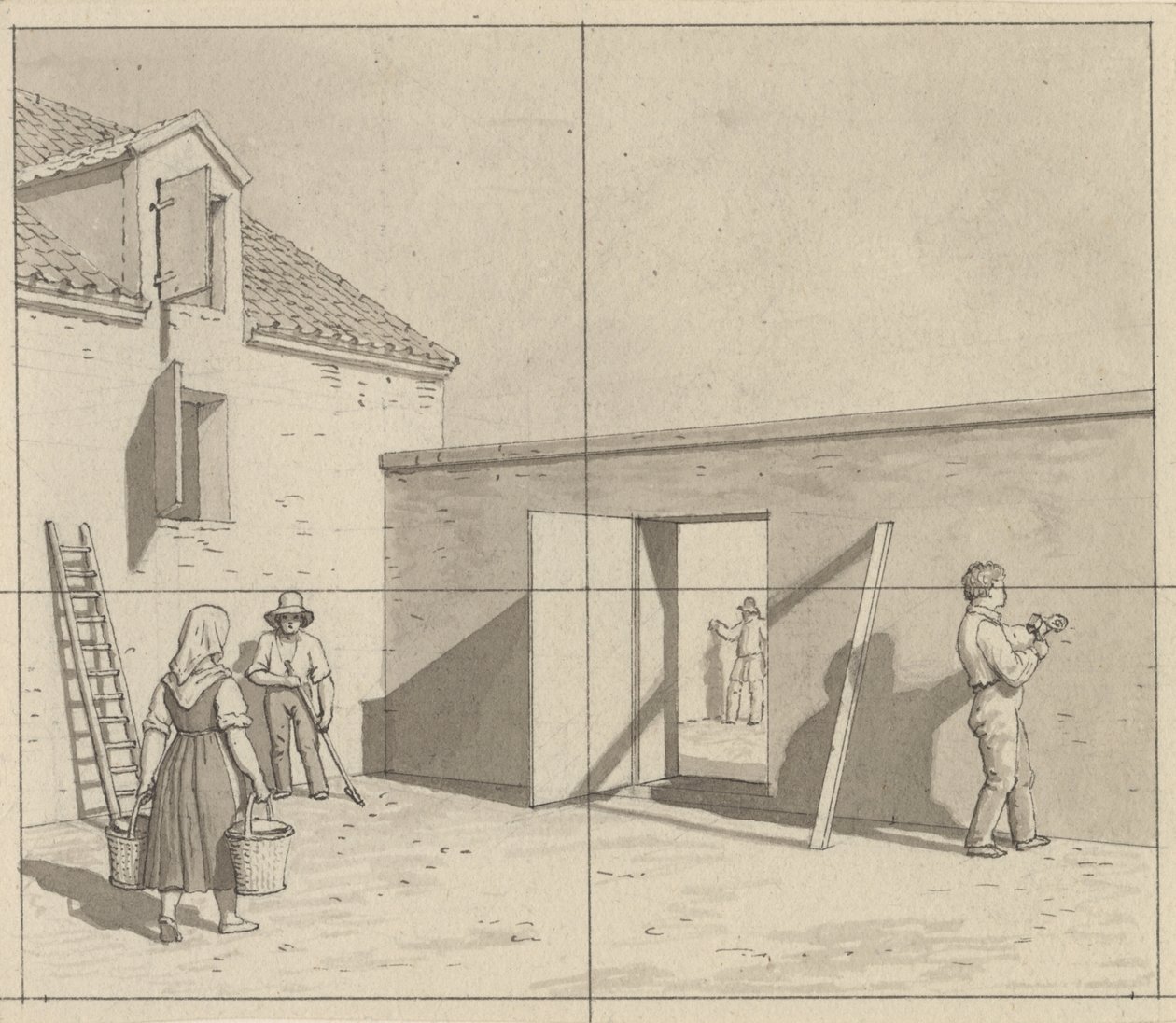 Linearperspektiven, angewendet auf die Malerei - Entwurf für nicht verwendete Illustration - Dänischer Hof mit vier Bauern und Handwerkern von Christoffer Wilhelm Eckersberg