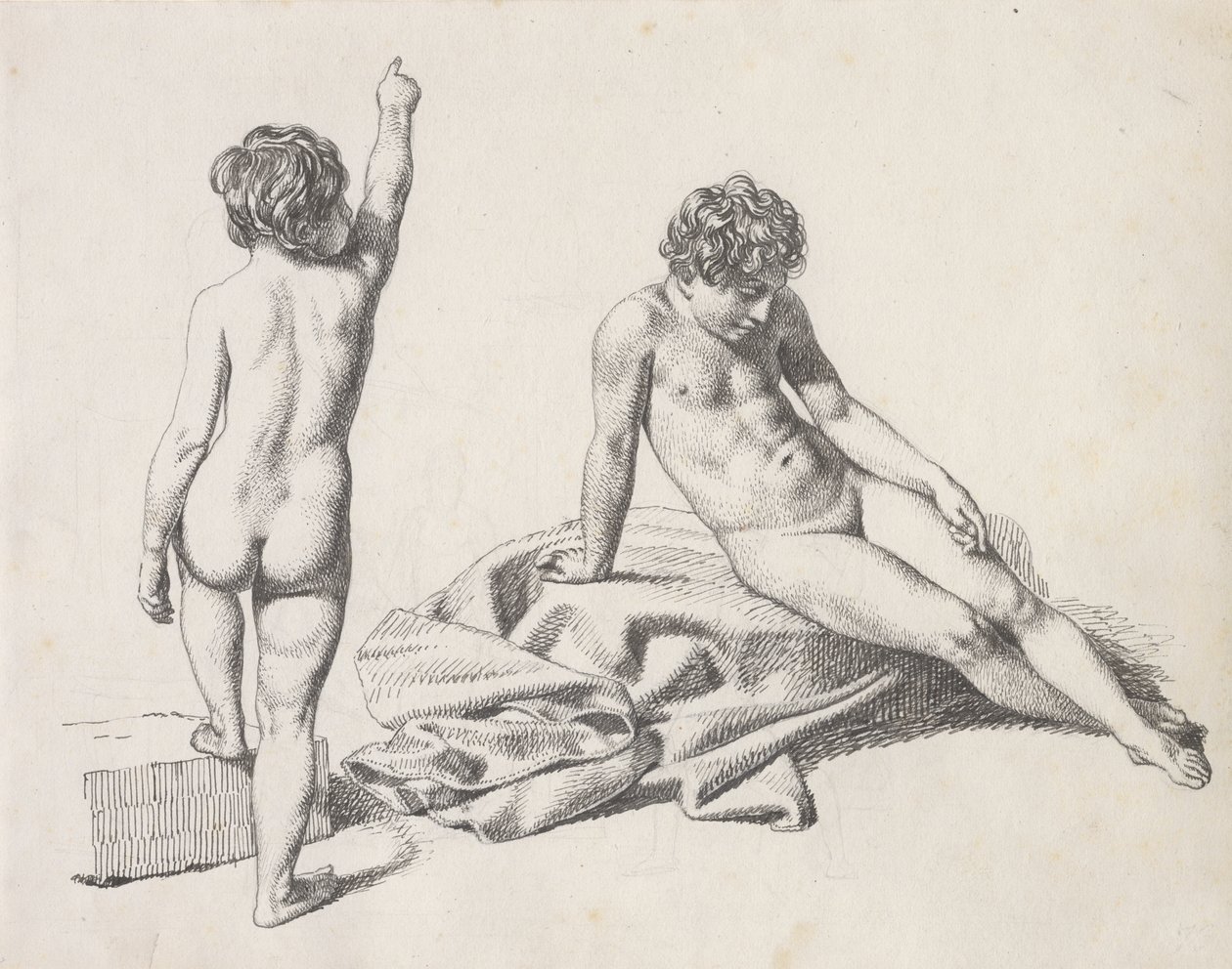 Zwei nackte kleine Mädchen, eines sitzend von vorne, das andere stehend von hinten von Christoffer Wilhelm Eckersberg