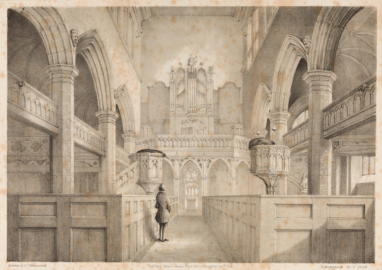 Das Innere von St. Peter, Wolverhampton, graviert von I. Shaw, 1848 von C. J. Greenwood