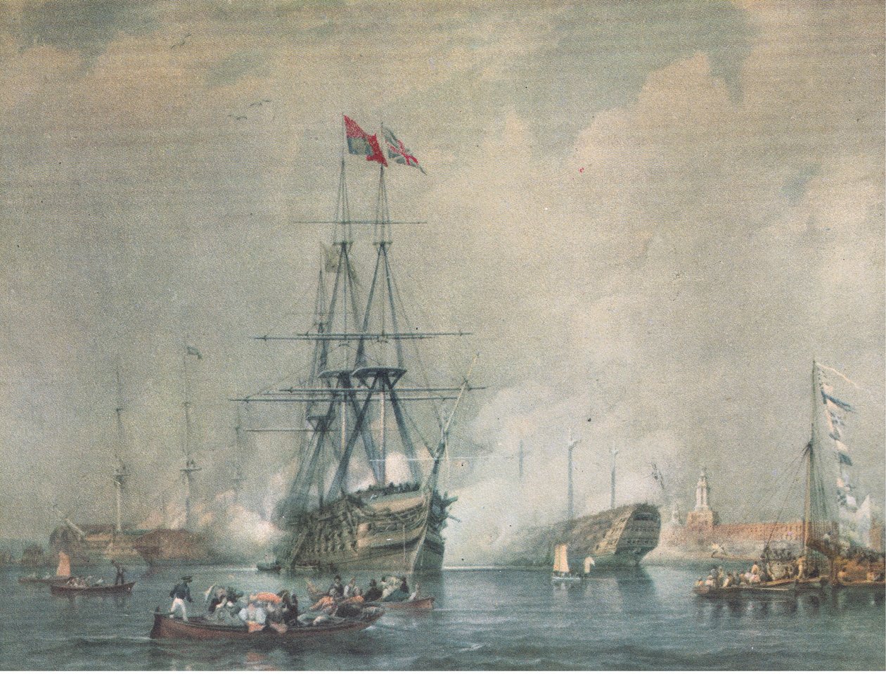 HMS Victory feuert einen königlichen Salut im Hafen von Portsmouth, aus British Adventure veröffentlicht von Collins, 1947 von C. J. M. Whichello