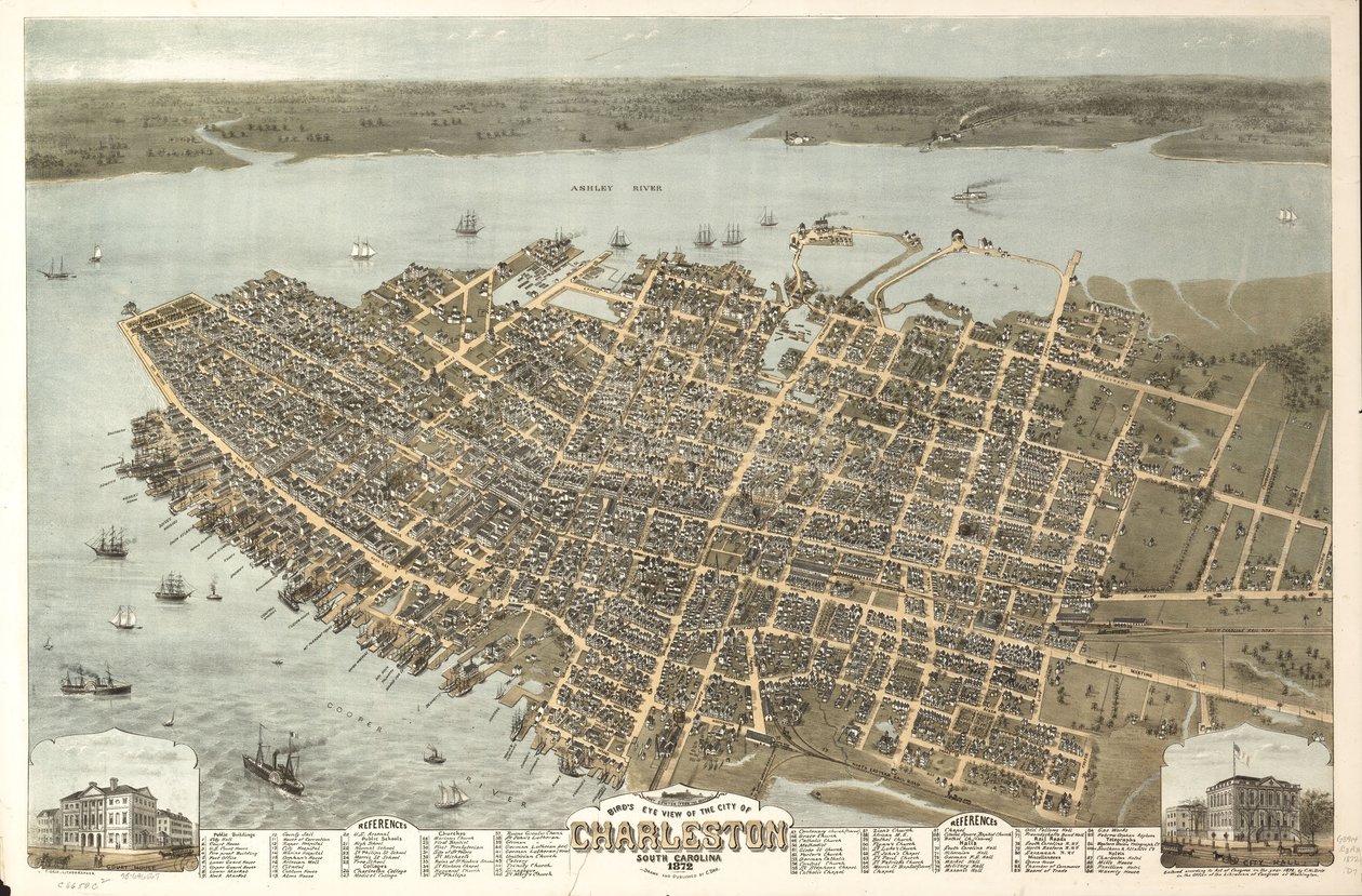 Vogelperspektive der Stadt Charleston, South Carolina 1872 von C. N. Drie