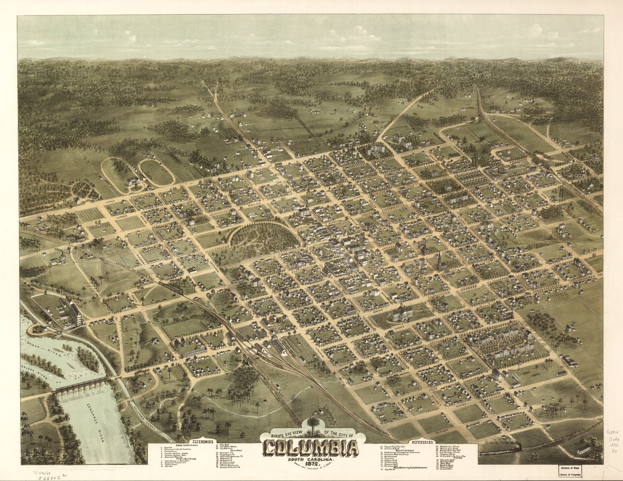 Vogelperspektive der Stadt Columbia, South Carolina 1872 von C. N. Drie
