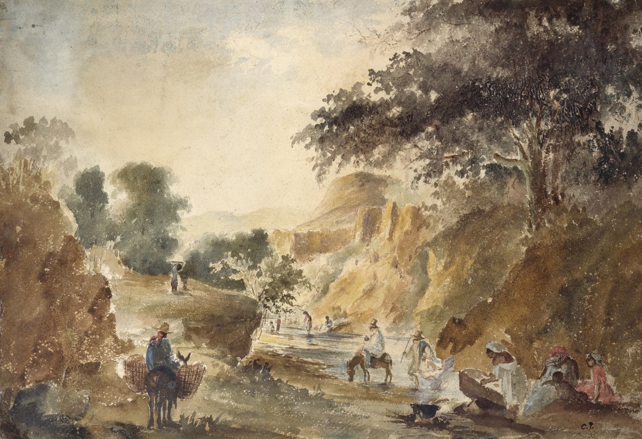Landschaft mit Figuren an einem Fluss, 1853 - 1854 von Camille Jacob Pissarro