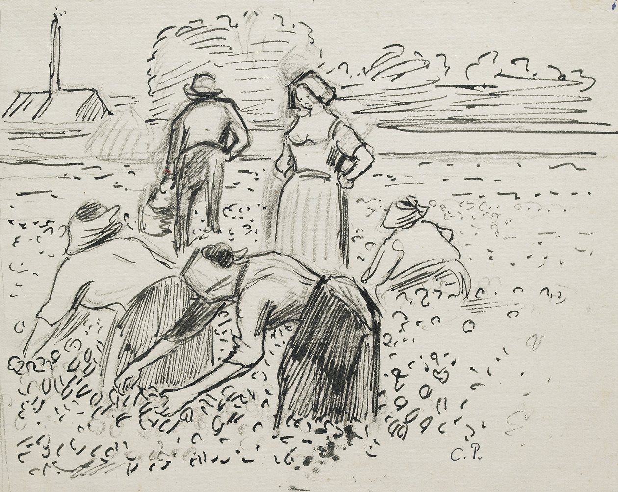 Studie von fünf Bauernfiguren, die auf einem Feld arbeiten, 1887 von Camille Jacob Pissarro