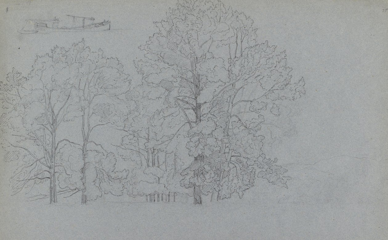 Studie von Bäumen, mit einer leichten Studie einer Barke, 1859 von Camille Jacob Pissarro
