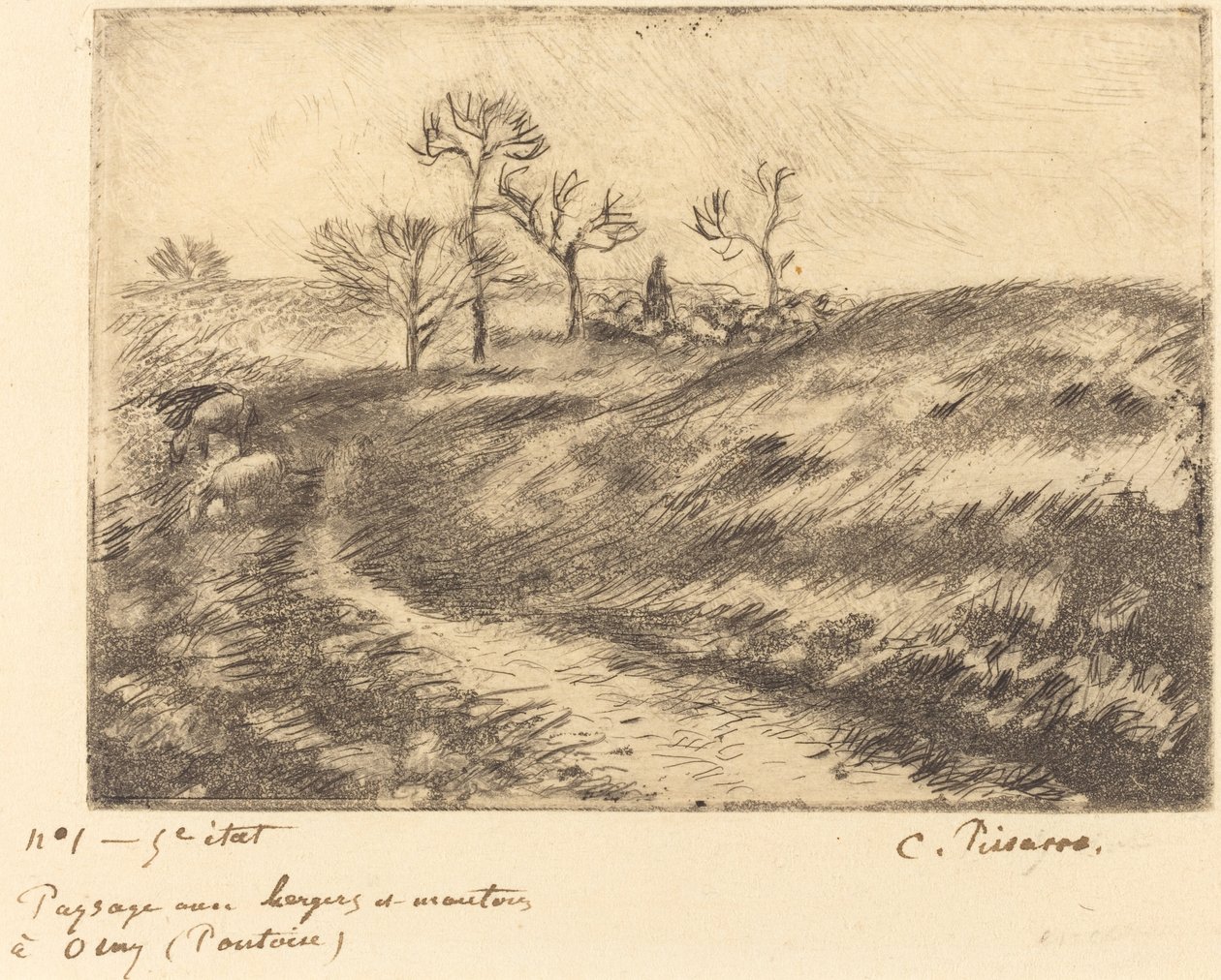 Landschaft mit Hirte und Schafen in Osny (Pontoise) von Camille Pissarro