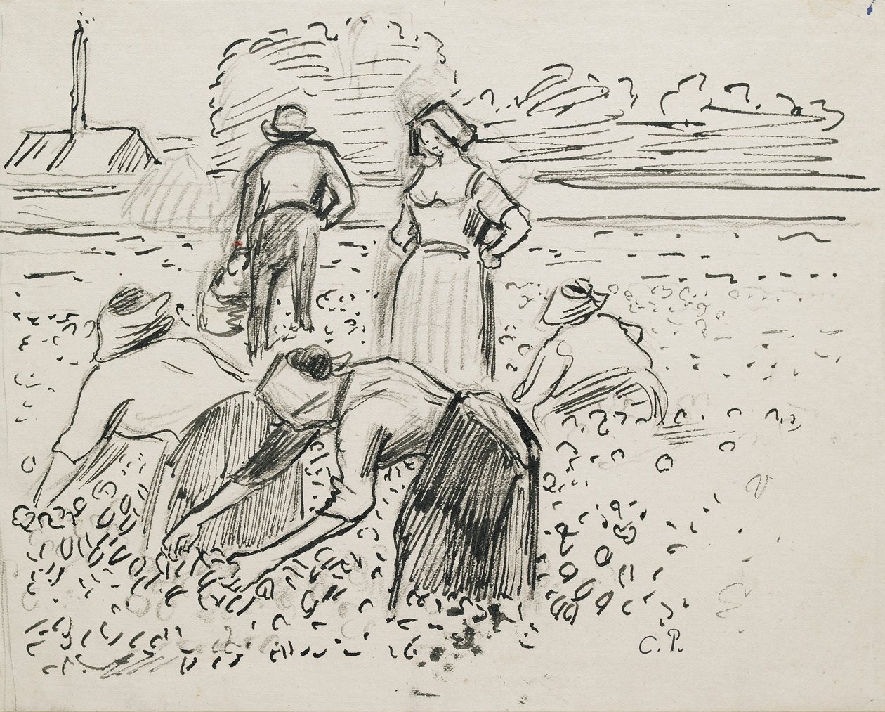 Studie von fünf Bauernfiguren, die auf einem Feld arbeiten von Camille Pissarro
