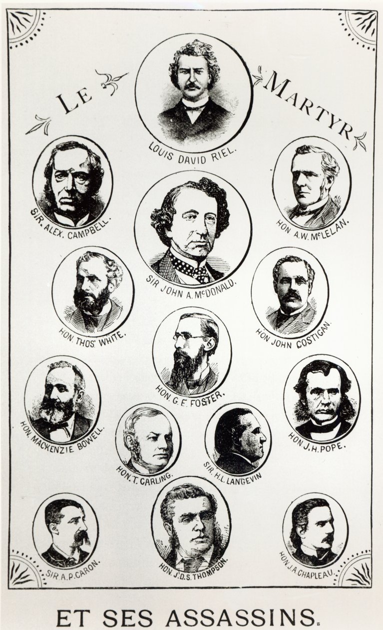 Louis Riel (1844-85) und seine Mörder, Illustration aus Le Gibet de Regina, veröffentlicht 1886 von Canadian School