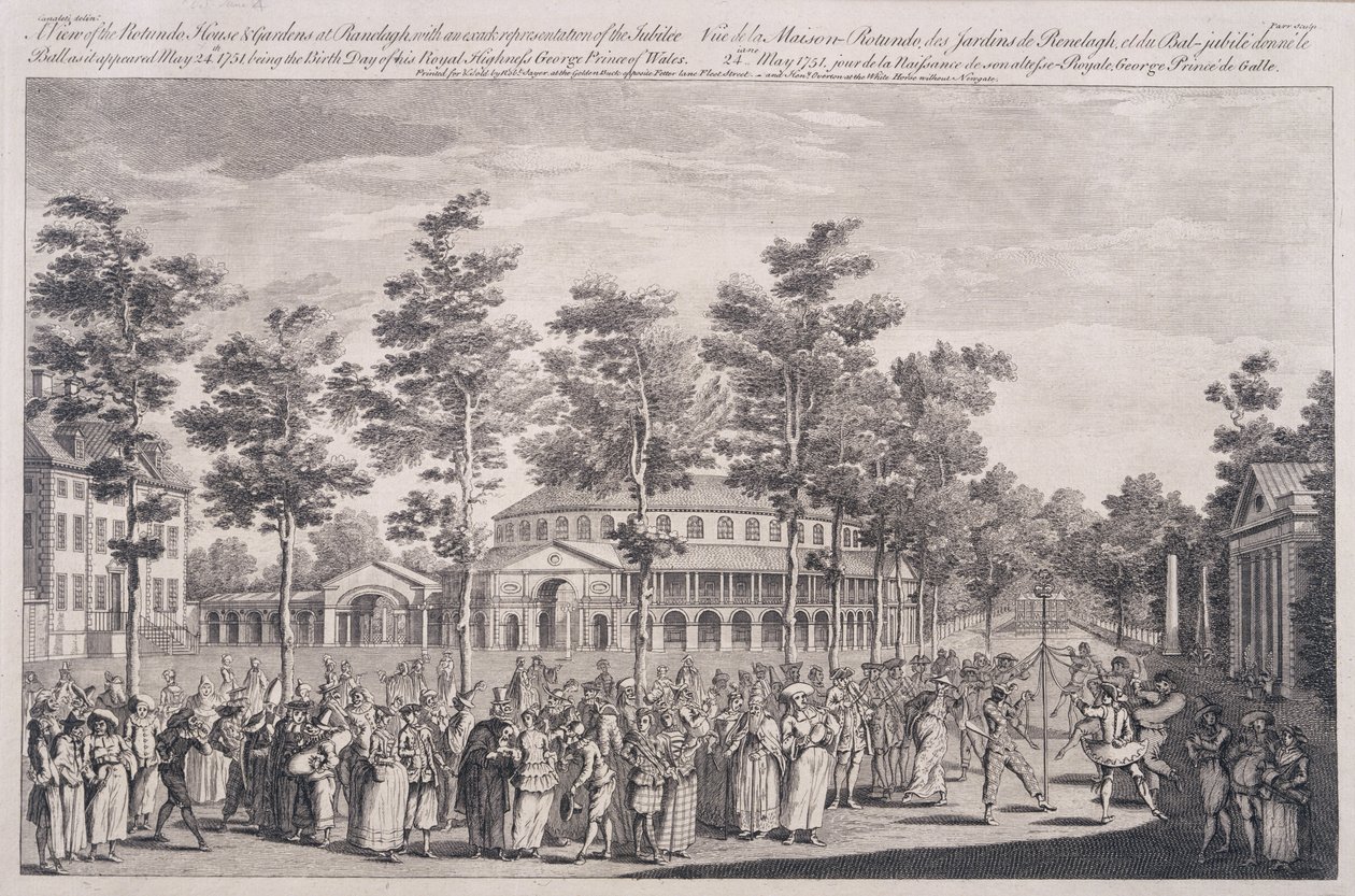 Ansicht der Rotunde, Ranelagh House, bei einem Ball zur Feier des Geburtstags von HRH, dem Prinzen von Wales, 24. Mai 1751, graviert von Parr von Canaleti