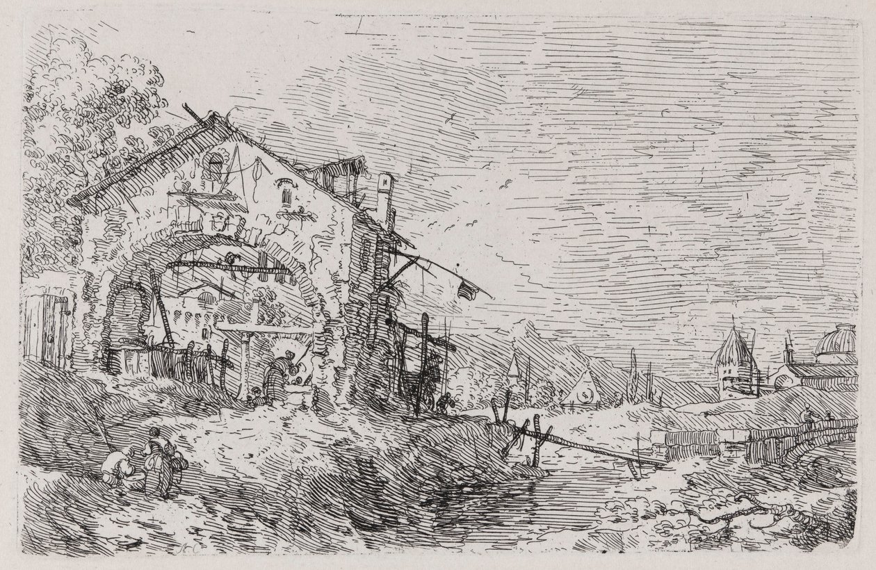 Landschaft mit einer Frau an einem Brunnen, aus der Serie Vedute (Ansichten) von Canaletto (Giovanni Antonio Canal)