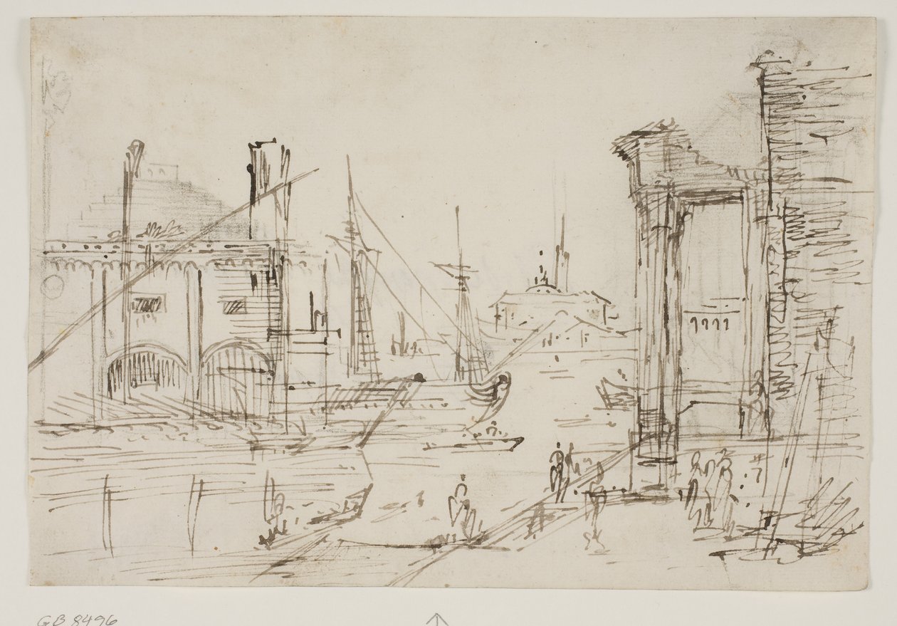 Capriccio mit klassischen Ruinen an einem Kai, einem Bootshaus, zwei Galeeren, zwei Masten eines Segelschiffs dahinter, eine Kuppelkirche im Hintergrund von Canaletto