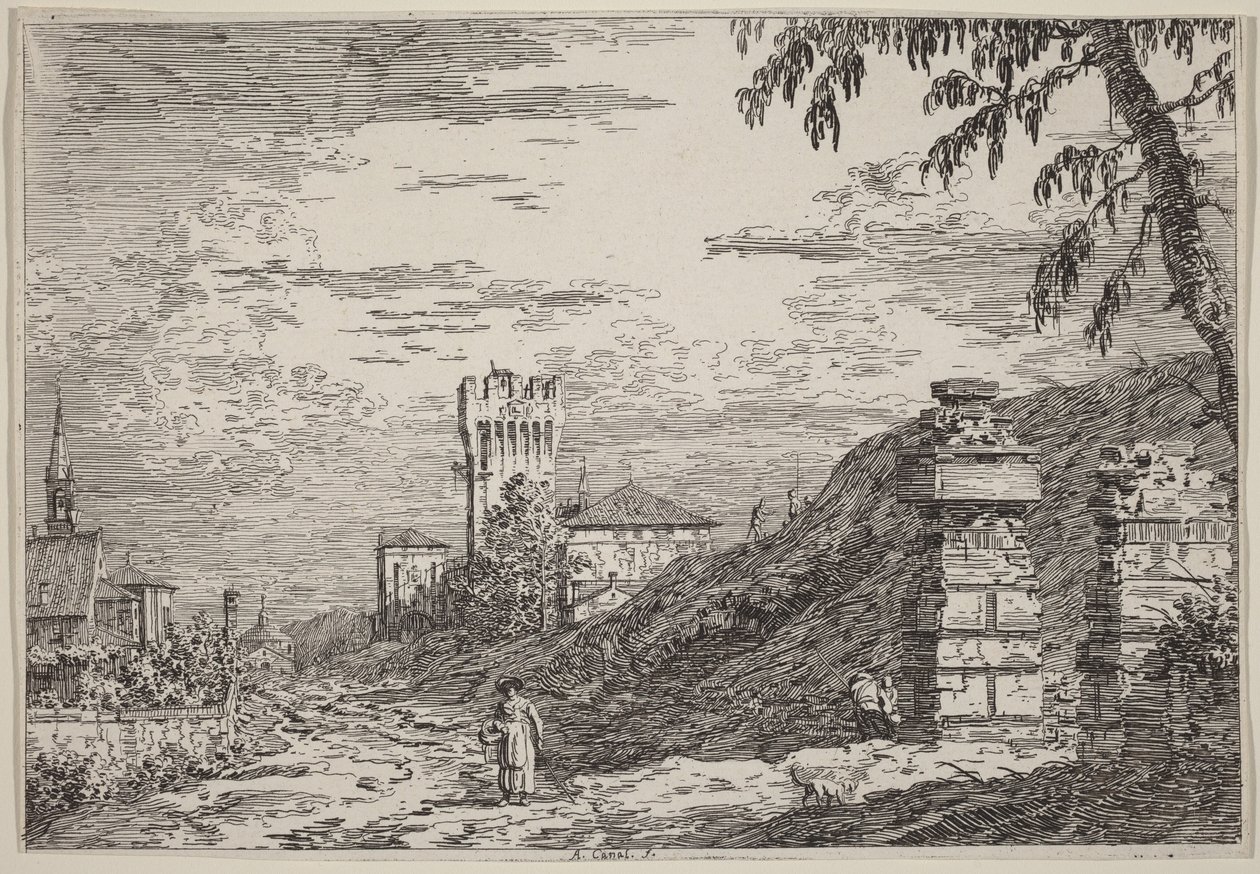 Landschaft mit Turm und zwei zerstörten Säulen von Canaletto