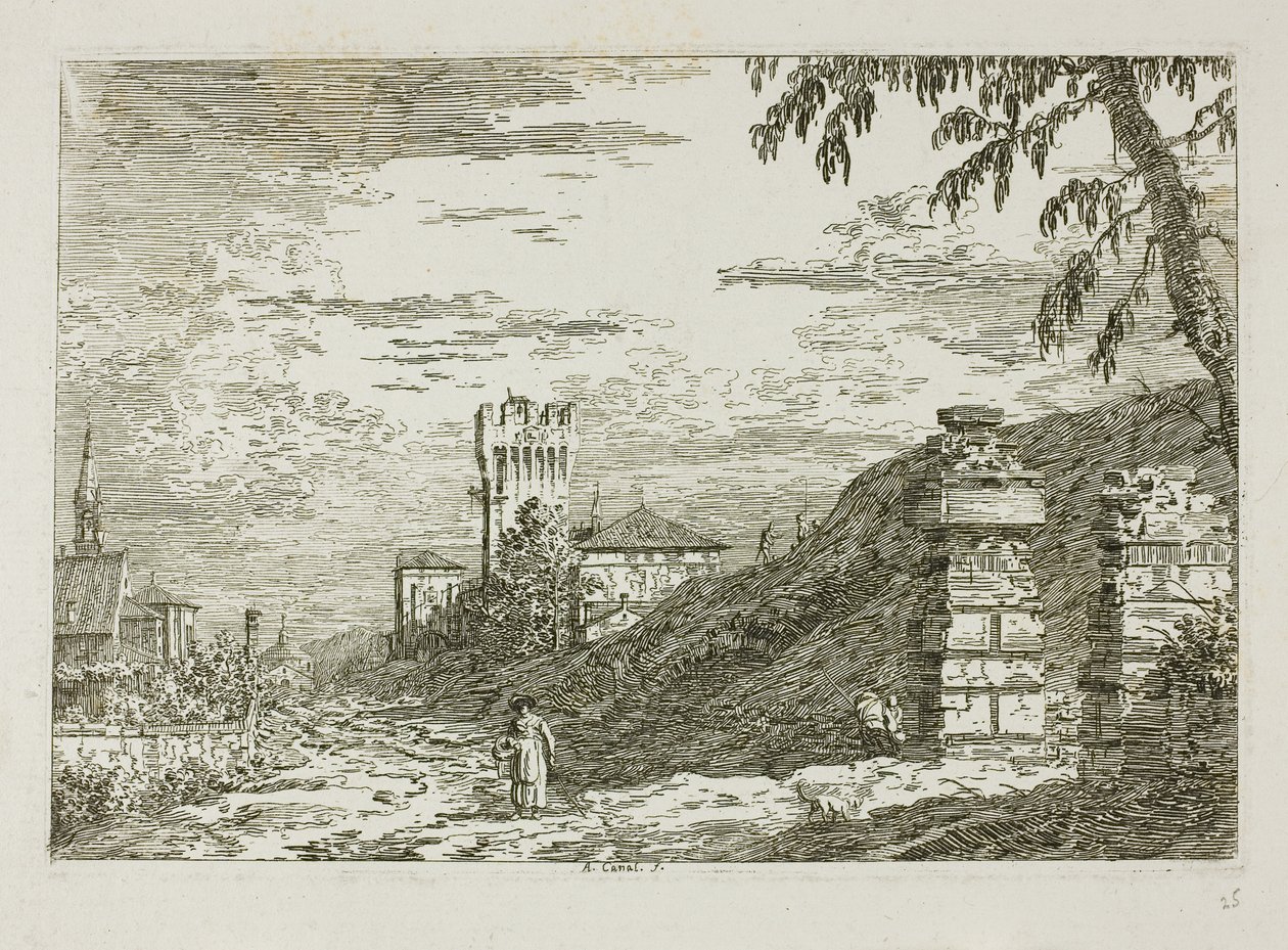 Landschaft mit Turm und zwei zerstörten Säulen, aus Vedute von Canaletto