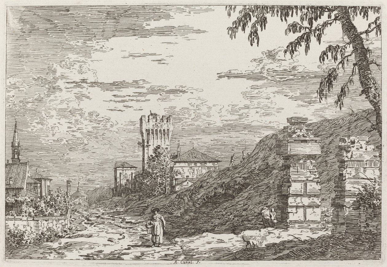 Landschaft mit Turm und zwei zerstörten Säulen [links] von Canaletto