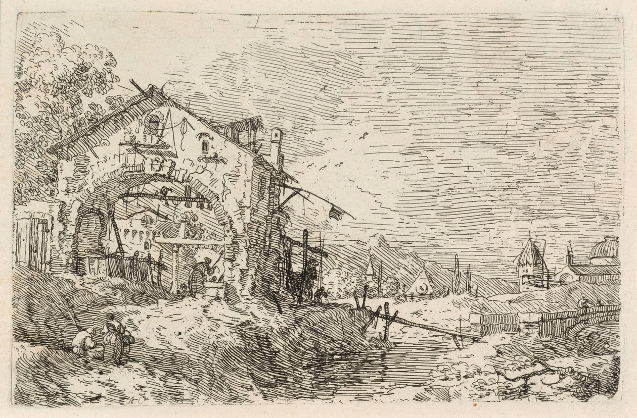 Landschaft mit einer Frau an einem Brunnen von Canaletto
