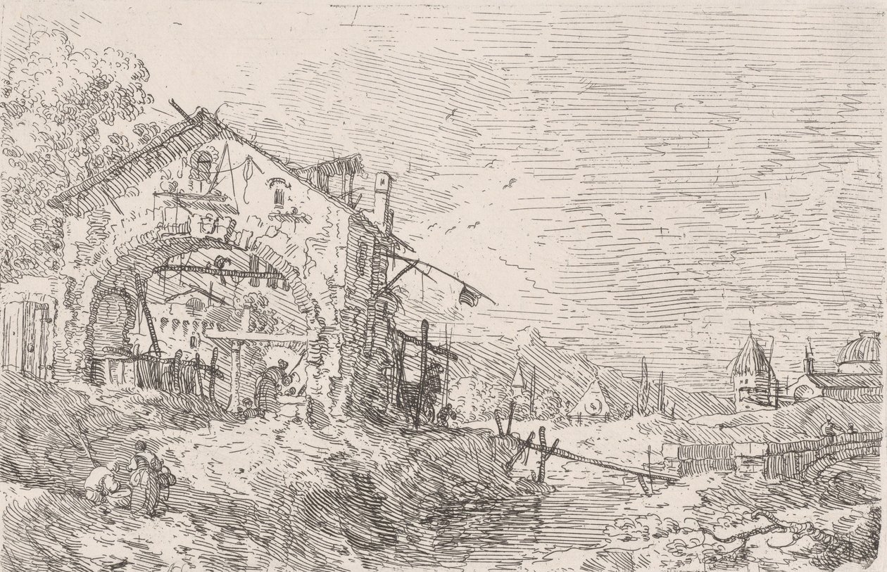 Frau schöpft Wasser aus einem Brunnen unter einer Arkade links, mit einer Landschaft rechts, 1717-68 von Canaletto