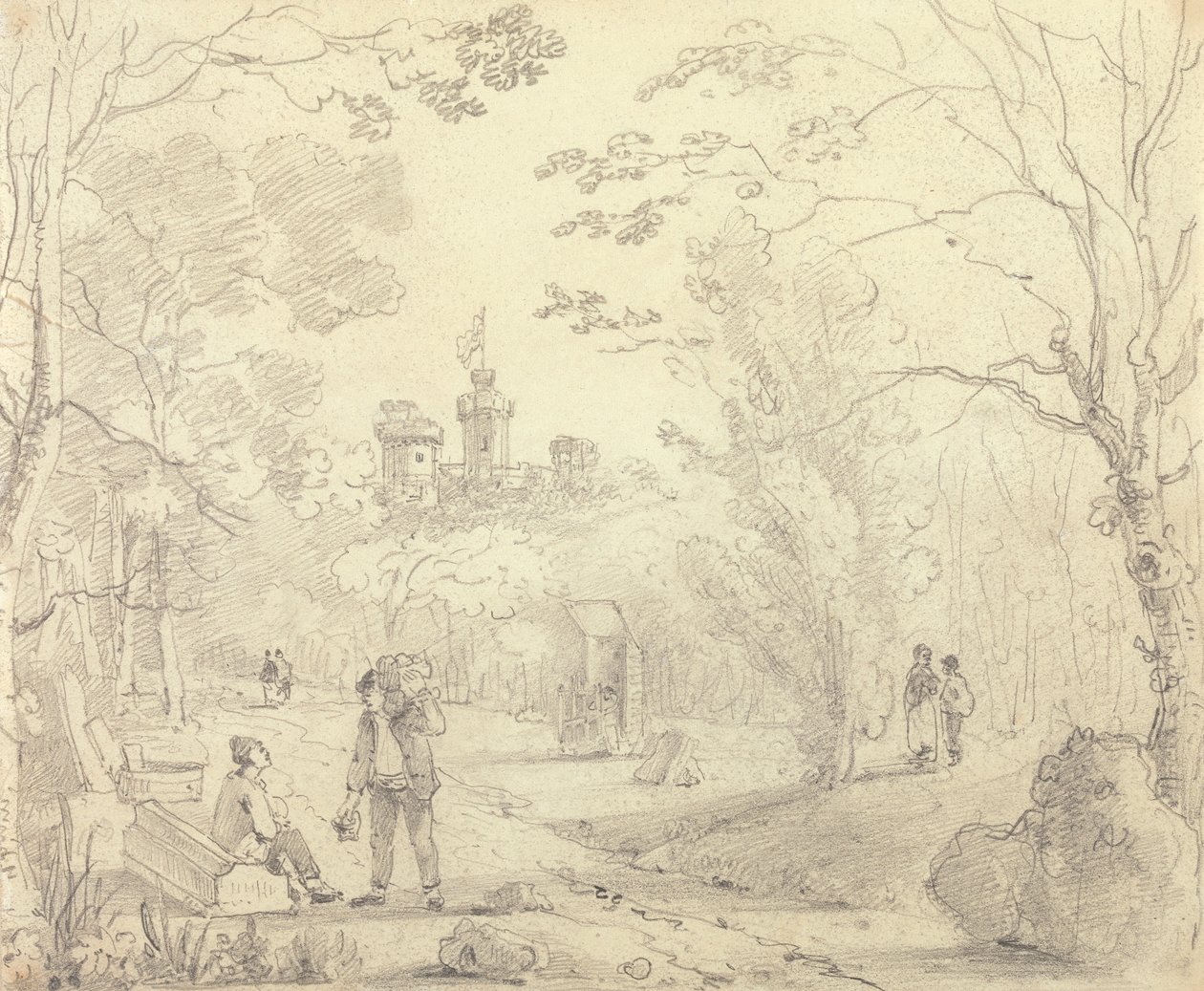 Skizze einer Parkszene mit East Cowes Castle in der Ferne, Isle of Wight von Capt. Thomas Hastings