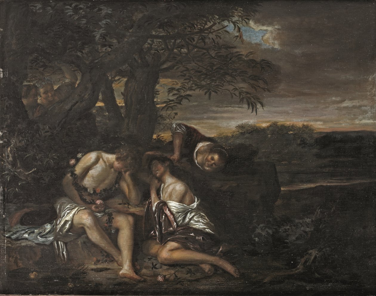 Ein schlafendes Paar, entdeckt von drei Frauen in einer arkadischen Landschaft von Carel De Moor II (attr. to)
