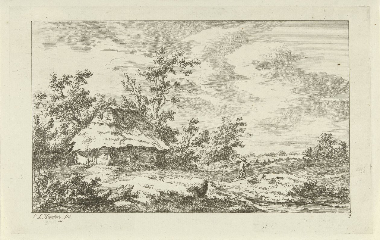 Mann mit Harke bei einer Scheune von Carel Lodewijk Hansen