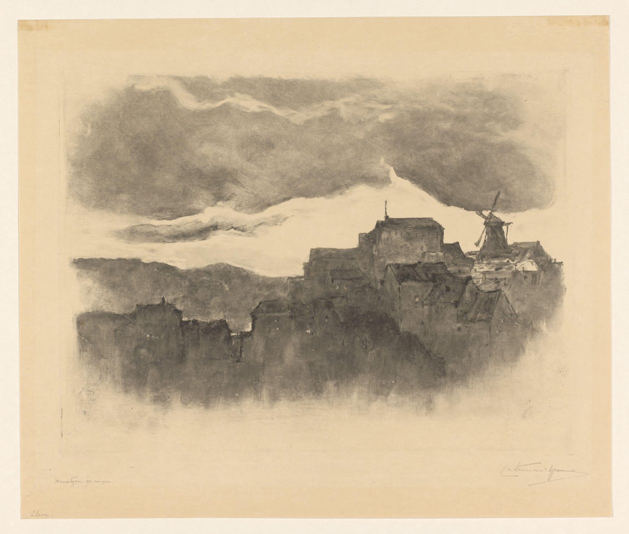 Stadt mit Mühle auf einem Hügel von Carel Nicolaas Storm van 