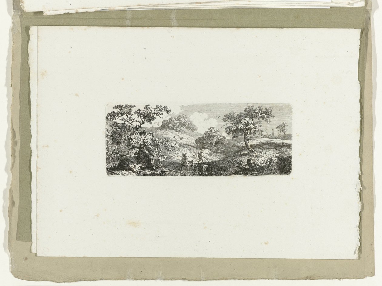 Reisende bei einem Bach in hügeliger Landschaft von Carl August Lebschee