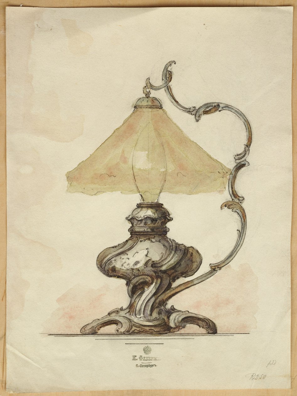 Zeichnung einer silbernen Tischlampe mit verdrehtem, gerilltem Körper im Rokoko-Stil, Haus von Carl Fabergé von Carl Fabergé