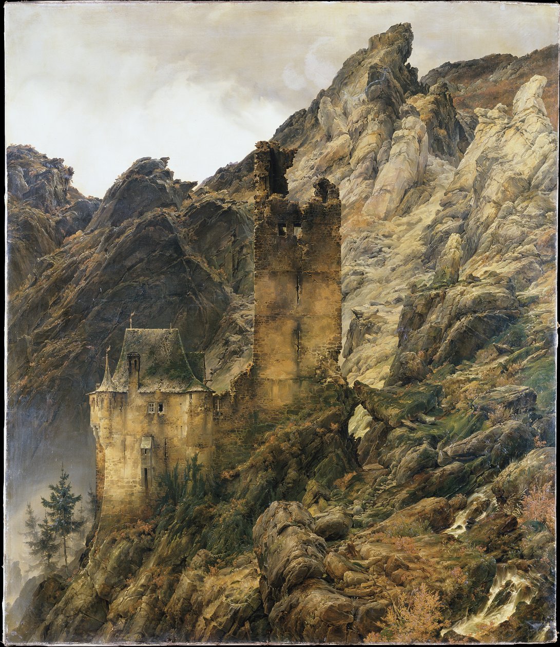 Felsige Landschaft: Schlucht mit Ruinen von Carl Friedrich Lessing