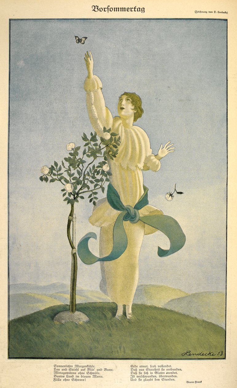 Zeichnung zum Gedicht "Vorsommertag": Eine Frau, die nach einem Schmetterling greift von Carl Friedrich Otto Lendecke