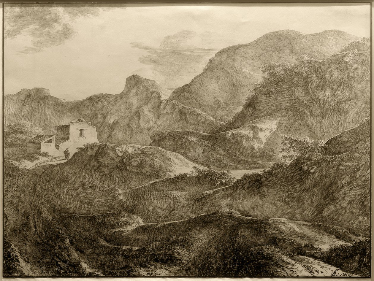 Gebirgslandschaft, links ein Haus mit einem Wanderer davor von Carl Friedrich von Rumohr
