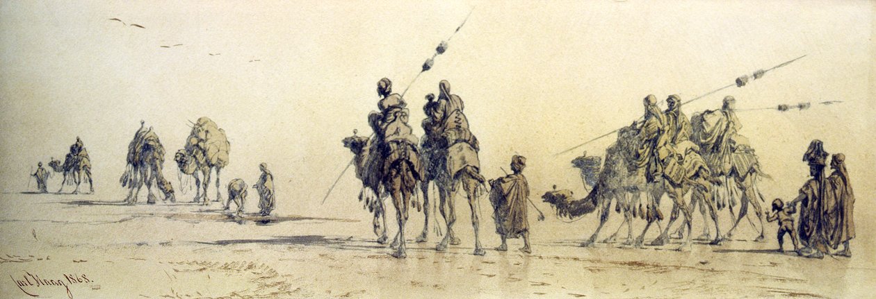 Eine Karawane von Beduinen nähert sich einem Brunnen in der Wüste, 1868 von Carl Haag