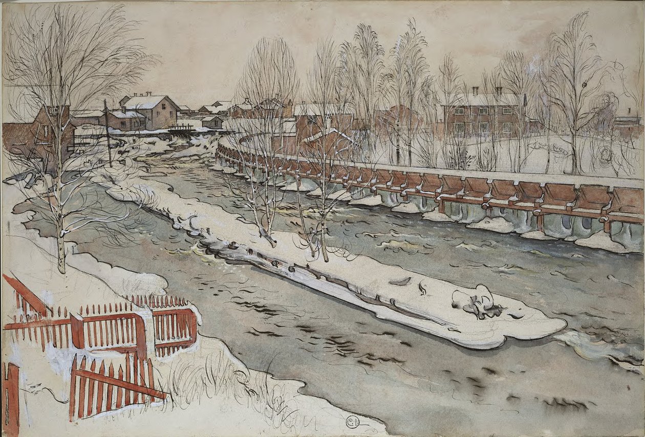 Die Holzrutsche. Winterszene. Aus Einem Zuhause (26 Aquarelle) von Carl Larsson